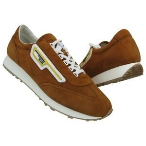 PRADA 2EG286 CAMEL SUEDE STRIPE LOGO LOW TOP LACE UP SNEAKERS 8 / US 9 ITALY